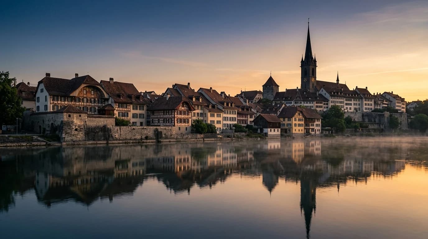 Aarau Altstadt am Morgen, Blick über die Aare